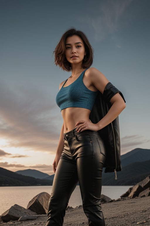 In a moody, dark neo-noir setting, a stunning young Thai woman, clad in leather pants, denim jacket, and tank top, stands tall amidst the rugged wilderness. Her fiery wild hair blows gently in the windy conditions as she gazes seductively into the distance with smoky eyes and a sly grin. The 8K wallpaper features a highly detailed, photorealistic depiction of her toned body, perfect face, and lifelike texture, all set against a backdrop of towering rocks, mountains, and a serene lake. The dramatic lighting accentuates her slender physique as she stands confidently, with a hint of retro fantasy charm.,photo of perfecteyes eyes