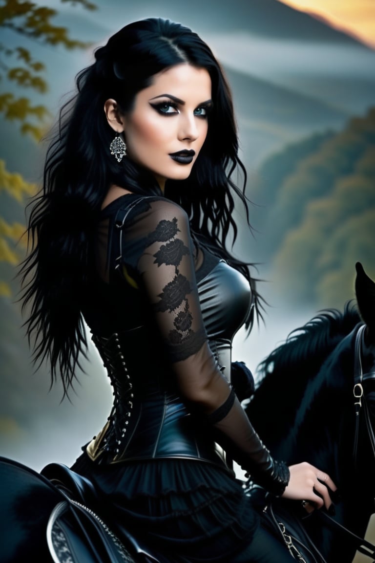 In a serene, mist-shrouded landscape, the Gothic Queen stands majestically on horseback, bathed in warm, golden light. Her long, raven-black locks cascade down, framing her ethereal features: sharp contours, resolute jawline, and full lips whispering secrets. Black lace adorns her flowing black dress, which falls like a dark waterfall down her legs, while ornate silver trim accents her black leather corset. Her piercing brown eyes gaze into the distance, exuding an otherworldly allure as she radiates 19-year-old beauty, chiseled by the gods themselves. (((photorealism:1.4)))