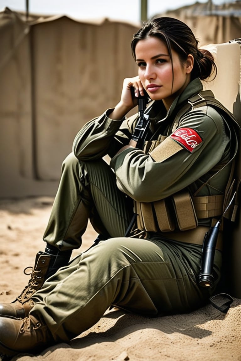 A woman is seated on a makeshift bed, appearing to be in a break area or resting spot. She is dressed in military fatigues, with her pants partially rolled up to reveal camouflaged knee pads. She wears sturdy brown combat boots. In her hands, she holds a rifle casually, with the strap draped over her shoulder. Her expression is thoughtful, with one hand resting under her chin. Around her, there are a few items including a tool and a can of Coca-Cola, indicating a moment of downtime.,(((photorealism:1.4))),(((perfect hands:1.4)))