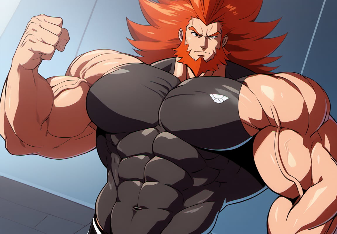 (perfect anatomy, perfect proportions, best quality, masterpiece, high_resolution, high quality, aesthetic, absurdres), , solo male, adult, mature, masculine, manly, handsome, charming, alluring, standing, upper body, dutch angle, 
(hyper muscles, hyper pecs, hyper muscles abdominal, hyper muscle shoulders, thick arms, extremely huge muscles:1.3), (gigantic muscles, gigantic body, gigantic pecs, thick arms, extremely massive muscles:1.3), (black underwear, black_thong, little bulge), (huge legs, thick thigs, quads, claves), (annoyed, bored), (smaller head, smallest head), (bodybuild gym, gym background, gym), (Lysandre's Face, Lysandre from Pokemon, Handsome Face), (Proportional Mouth), Black_hair_color, Little_Beard (Ginger Hair,Red Hair, Facial Hair, Beard, Spiked Hair, Big Hair, Fur Trim), oil skin, (huggymale), (Turn the body to the Side), (Stretch the muscle chests with all his Strength)