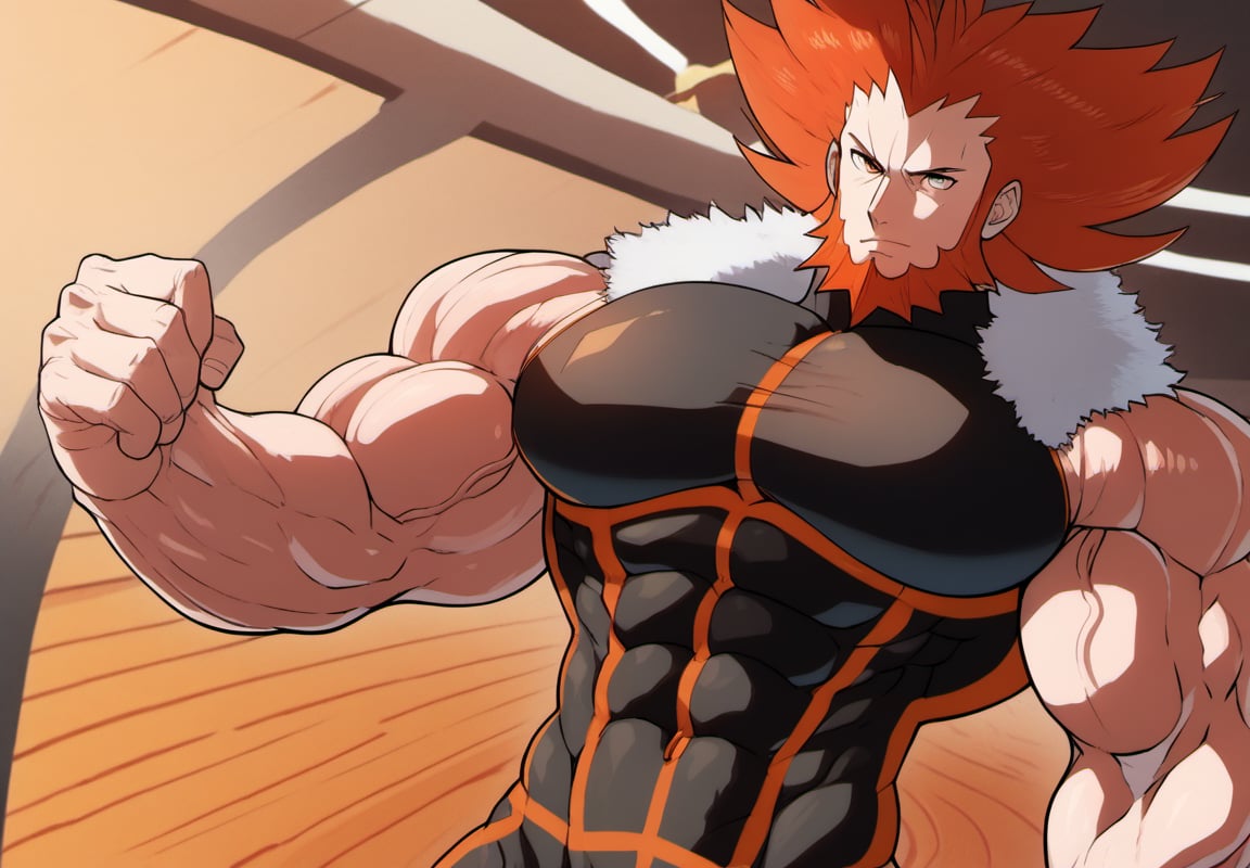 (perfect anatomy, perfect proportions, best quality, masterpiece, high_resolution, high quality, aesthetic, absurdres), , solo male, adult, mature, masculine, manly, handsome, charming, alluring, standing, upper body, dutch angle, 
(hyper muscles, hyper pecs, hyper muscles abdominal, hyper muscle shoulders, thick arms, extremely huge muscles:1.3), (gigantic muscles, gigantic body, gigantic pecs, thick arms, extremely massive muscles:1.3), (huge legs, thick thigs, quads, claves), (annoyed, bored), (smaller head, smallest head), (bodybuild gym, gym background, gym), (Lysandre's Face, Lysandre from Pokemon, Handsome Face), (Proportional Mouth), Little_Beard, oil skin, (Turn the body to the Side), (Stretch the muscle chests with all his Strength), (Ginger Hair, Red Hair, Facial Hair, Beard, Spiked Hair, Big Hair, Black Jacket, Fur Trim)