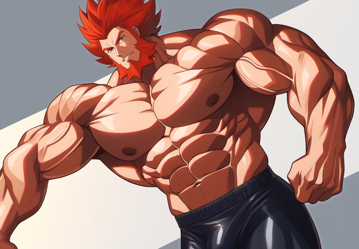 (perfect anatomy, perfect proportions, best quality, masterpiece, high_resolution, high quality, aesthetic, absurdres), , solo male, adult, mature, masculine, manly, handsome, charming, alluring, standing, upper body, dutch angle, 
(hyper muscles, hyper pecs, hyper muscles abdominal, hyper muscle shoulders, thick arms, extremely huge muscles:1.3), (gigantic muscles, gigantic body, gigantic pecs, thick arms, extremely massive muscles:1.3), (black underwear, black_thong, little bulge), (huge legs, thick thigs, quads, claves), (annoyed, bored), (smaller head, smallest head), (bodybuild gym, gym background, gym), (Lysandre's Face, Lysandre from Pokemon, Handsome Face), (Proportional Mouth), Black_hair_color, Little_Beard (Ginger Hair,Red Hair, Facial Hair, Beard, Spiked Hair, Big Hair, Fur Trim), oil skin, (huggymale), (Turn the body to the Side), (Stretch the muscle chests with all his Strength)