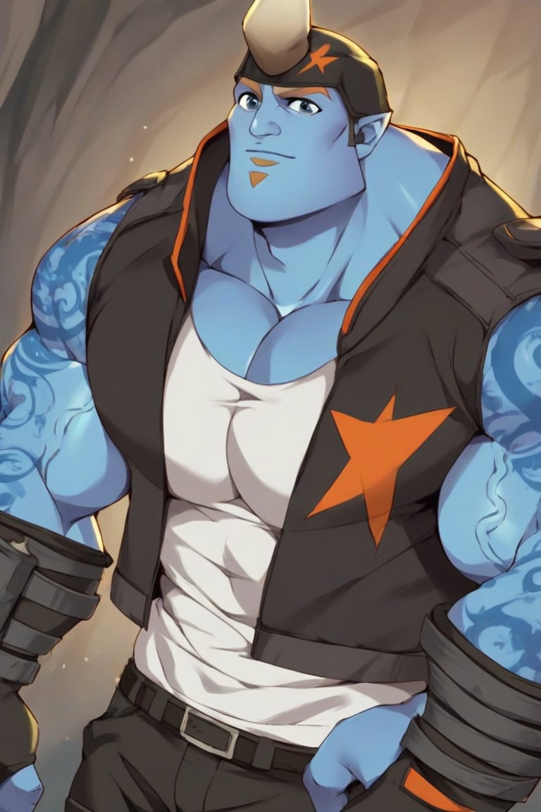 score_9,score_8_up,score_7_up,source_anime,BREAK, Kord Zane in good physical shape, blue skin, huge cave troll, muscular build, large chest and broad shoulders, black jacket, orange star-shaped emblem on the chest

