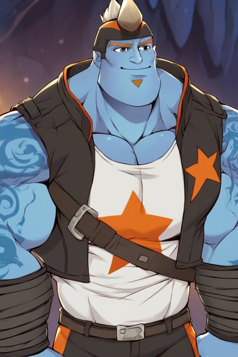 score_9,score_8_up,score_7_up,source_anime,BREAK, Kord Zane in good physical shape, blue skin, huge cave troll, muscular build, large chest and broad shoulders, black jacket, orange star-shaped emblem on the chest

