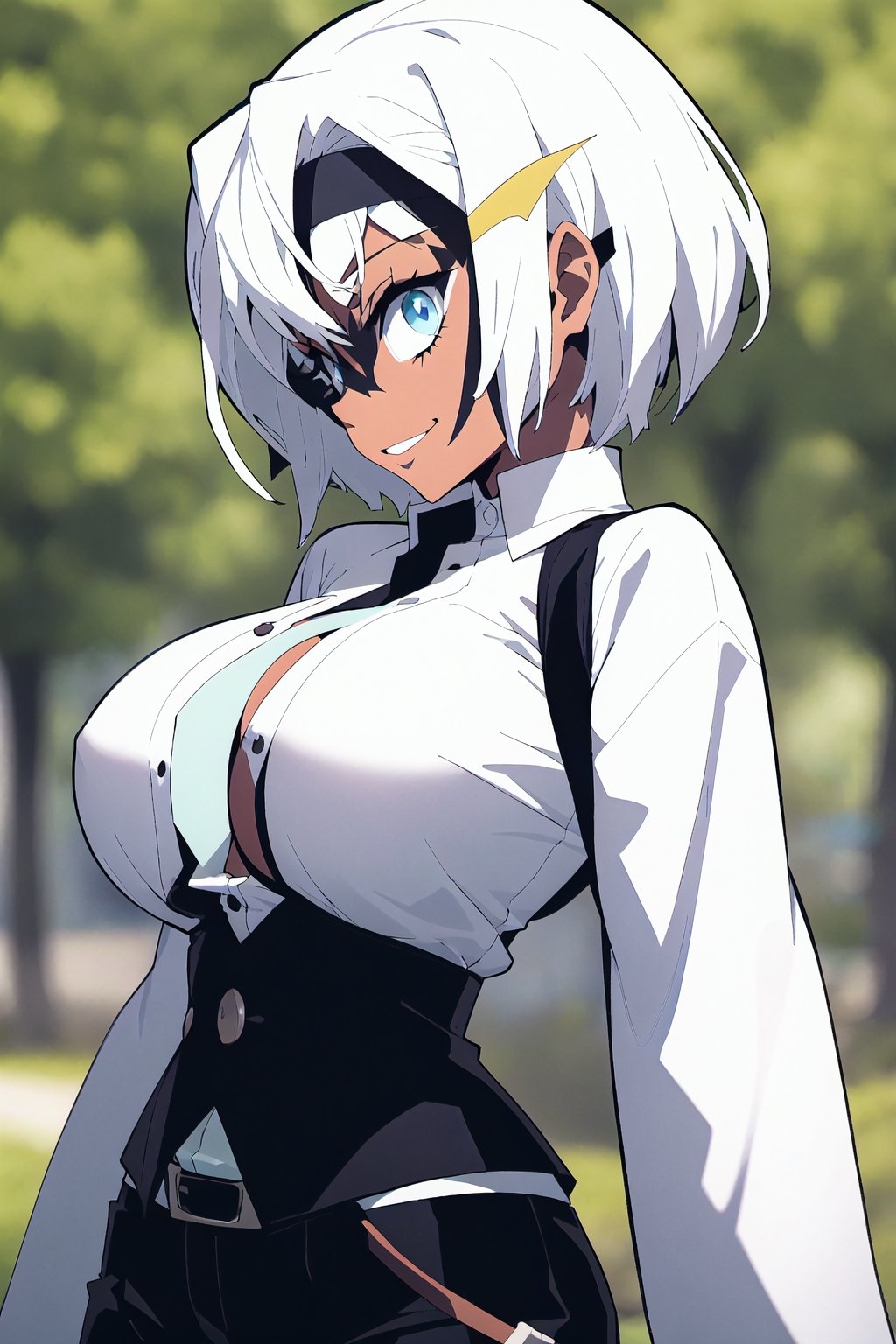 Masterpiece, best quality, white hair, brown skin, crystal blue eyes, black headband, black pants, white sleeves, chest exposed, holding a katana, smile, white hair, short hair bangs, black shirt , buttons, demon slayer uniform, shinobu(Demon slayer), , dark skin, brown skinned girl, (demon slayer), big breast, standing, looking at viewer, side profile , cool pose, pose, upper body, big breast, , arm raised, arm up to face