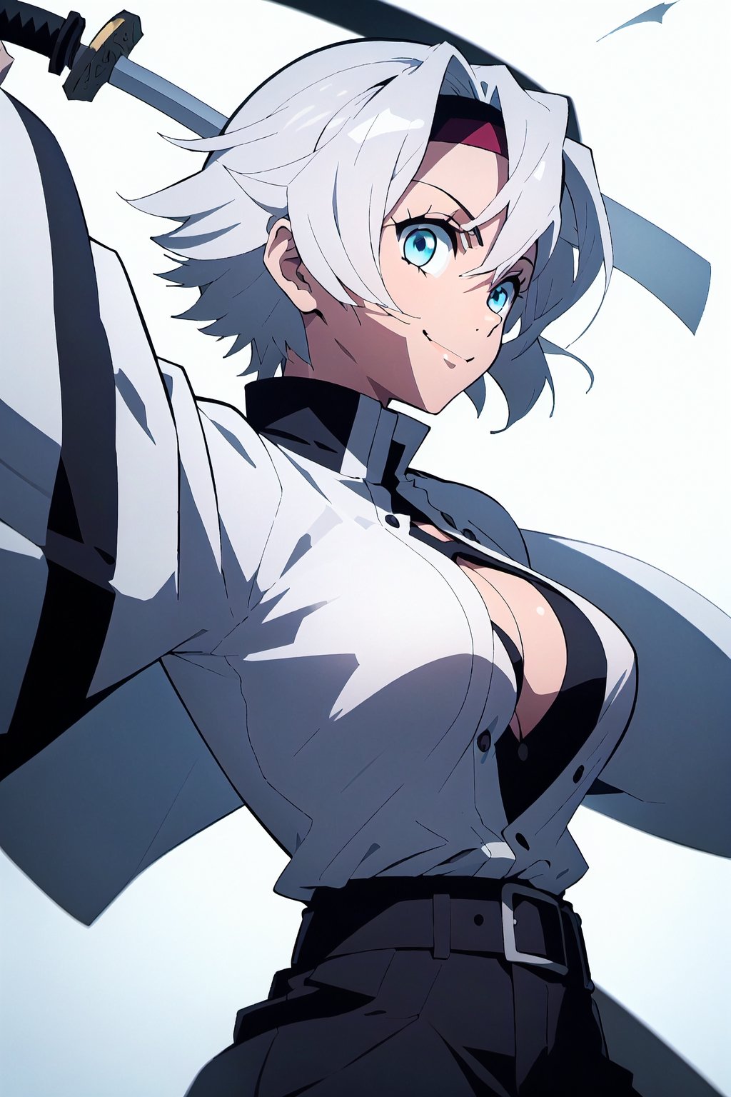 Masterpiece, best quality, white hair, brown skin, crystal blue eyes, black headband, black pants, white sleeves, chest exposed, holding a katana, smile, white hair, short hair bangs, black shirt , buttons, demon slayer uniform, shinobu(Demon slayer), , dark skin, brown skinned girl, (demon slayer), big breast, standing, looking at viewer, side profile , cool pose, pose, upper body, big breast, , arm raised, arm up to face