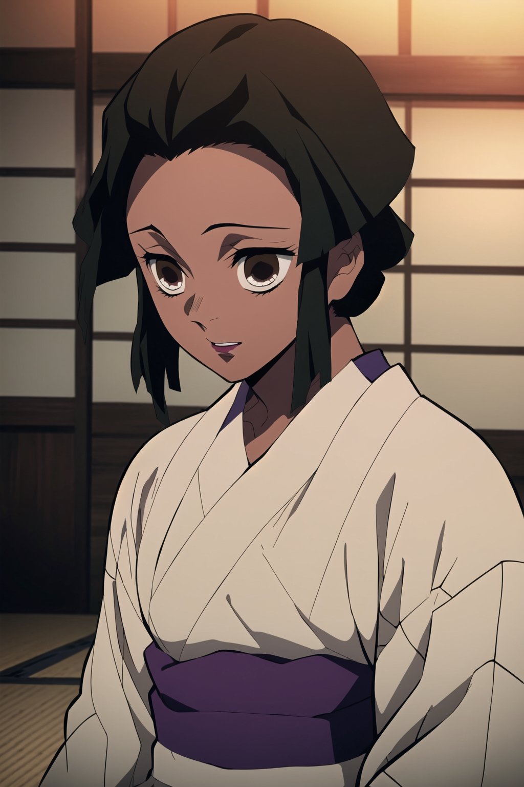 
kimetsu no yaiba style, 1girl, solo, ((kimestu no yaiba)), short hair, white hair, messy hair, upper body, anime coloring, chest exposed, adult body, short hair, dark skin, brown skinned,yukata, traditional Japanese clothing, brown skin, dark skin, attractive, adult, 1boy, romance, couple, kissing, yukata,Daki