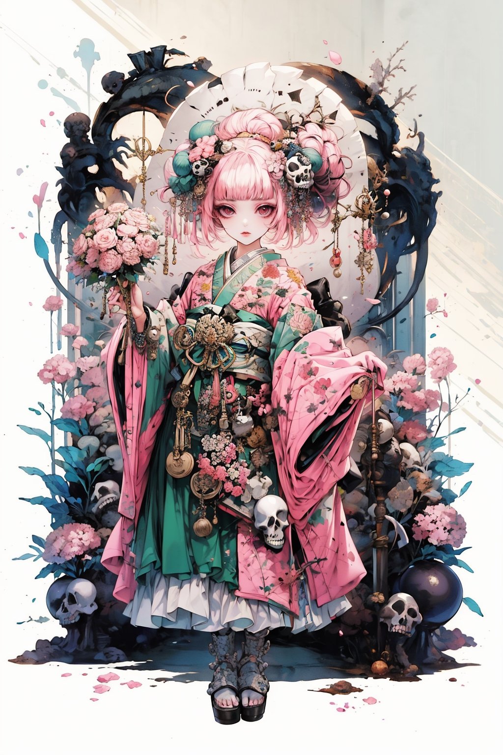 1girl, solo, looking at viewer, bangs, hair ornament, long sleeves, bow, holding, standing, purple eyes, full body, weapon, pink hair, flower, boots, frills, japanese clothes, hair flower, wide sleeves, blunt bangs, pink eyes, kimono, hair bun, apron, sash, double bun, obi, floral print, cross, skull, scythe, platform footwear, skeleton, bone