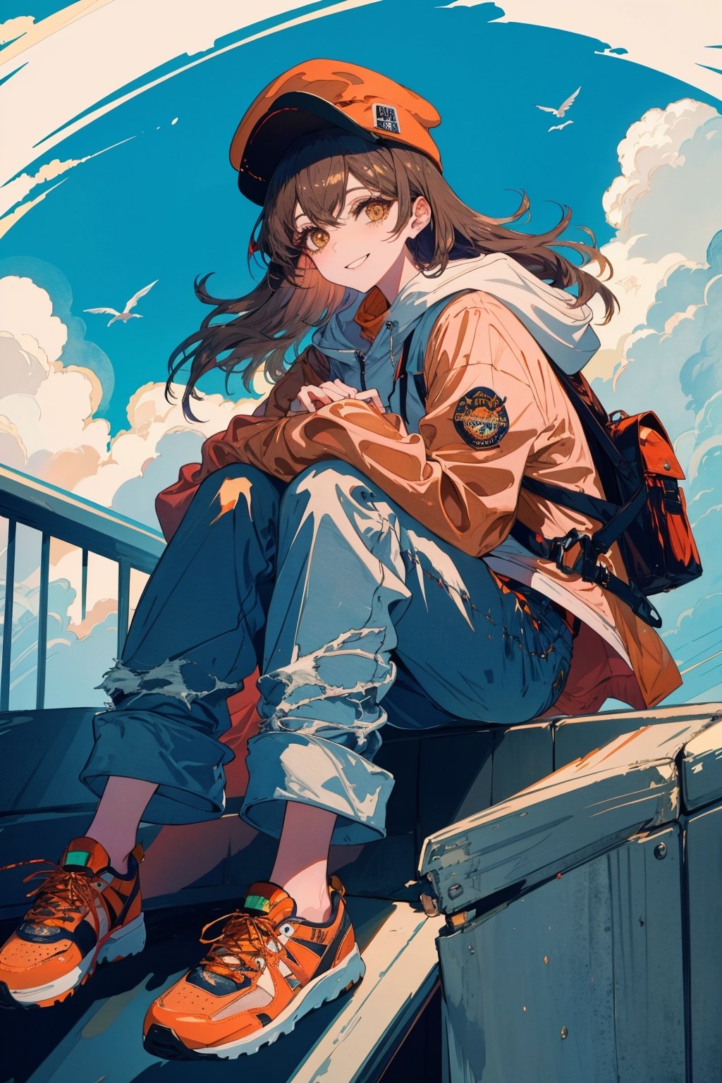 1girl, solo, long hair, looking at viewer, blush, smile, brown hair, shirt, long sleeves, hat, brown eyes, sitting, jacket, outdoors, sky, shoes, day, pants, cloud, bag, blue sky, sleeves past wrists, bird, white headwear, stuffed toy, backpack, stuffed animal, bottle, denim, sneakers, teddy bear, jeans, can, railing, beanie, orange jacket, orange footwear