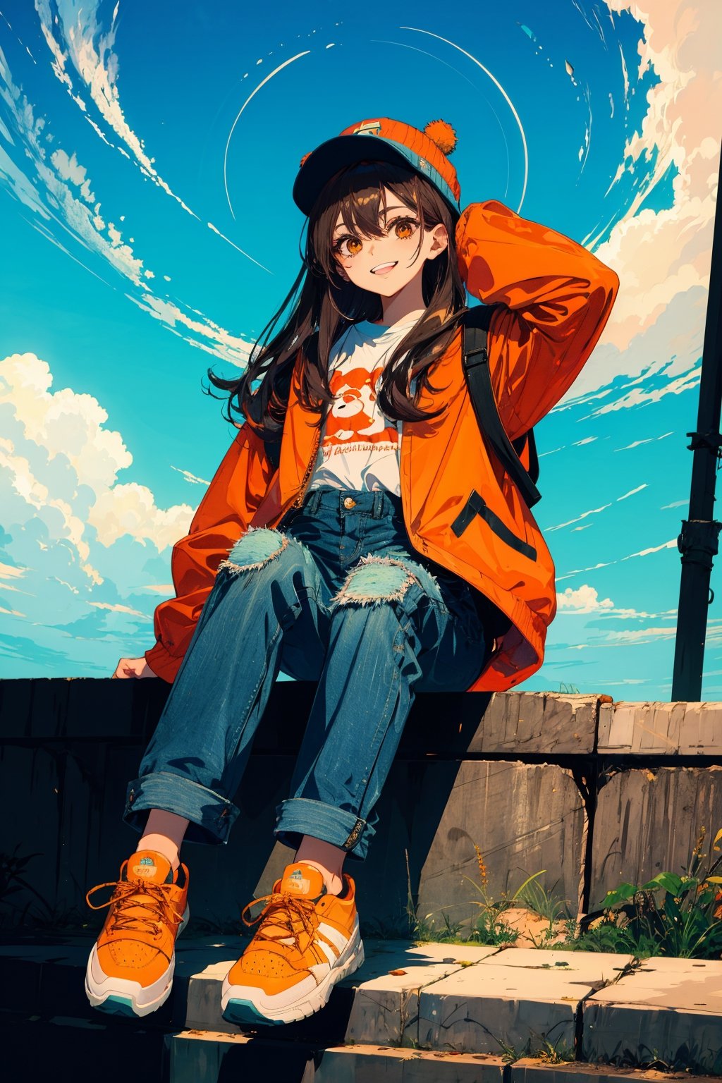 1girl, solo, long hair, looking at viewer, blush, smile, brown hair, shirt, long sleeves, hat, brown eyes, sitting, jacket, outdoors, sky, shoes, day, pants, cloud, bag, blue sky, sleeves past wrists, bird, white headwear, stuffed toy, backpack, stuffed animal, bottle, denim, sneakers, teddy bear, jeans, can, railing, beanie, orange jacket, orange footwear