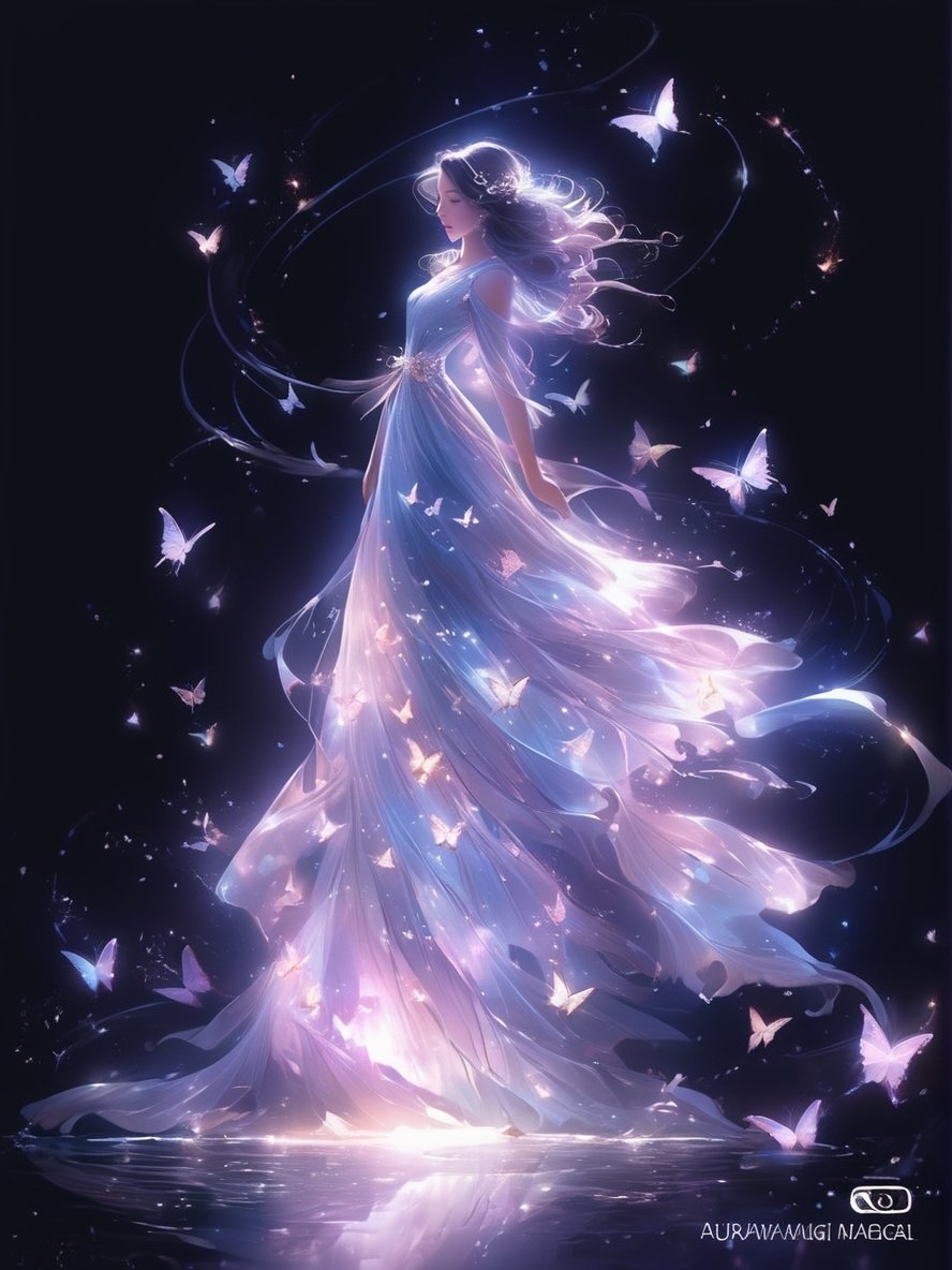 a woman in a long dress surrounded by butterflies, beautiful gorgeous digital art, gorgeous digital art, stunning 3d render of a fairy, exquisite digital art, softly swirling magical energy, beautiful digital artwork, pinterest anime, very beautiful digital art, beautiful digital art, glowing butterflies, stunning digital art, by Charlie Bowater, aura of magic around her, harmony of butterfly