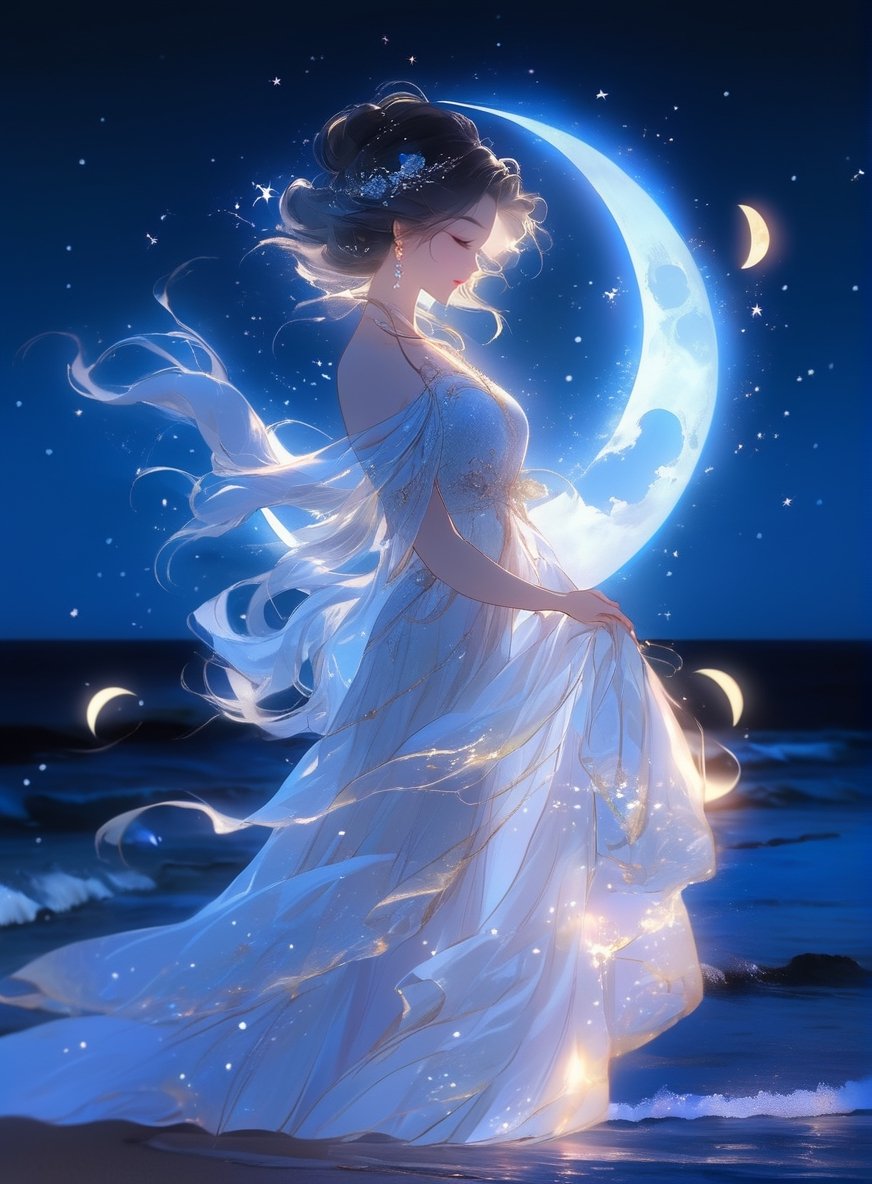 a woman standing on a beach next to the ocean, beautiful moon light, beautiful as the moon, beautiful moonlight night, pinterest anime, moonlit night dreamy atmosphere, moon goddess, moon shining, moon light, the moon behind her, goddess of the moon, moon lighting, at night with moon light, moon background, beautiful moonlight, bathed in moonlight