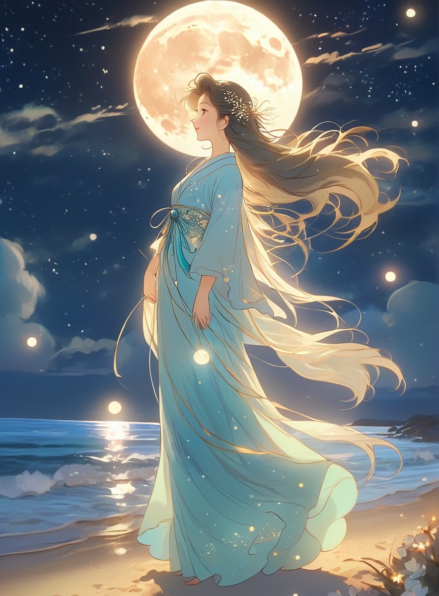 a woman standing on a beach next to the ocean, beautiful moon light, beautiful as the moon, beautiful moonlight night, pinterest anime, moonlit night dreamy atmosphere, moon goddess, moon shining, moon light, the moon behind her, goddess of the moon, moon lighting, at night with moon light, moon background, beautiful moonlight, bathed in moonlight