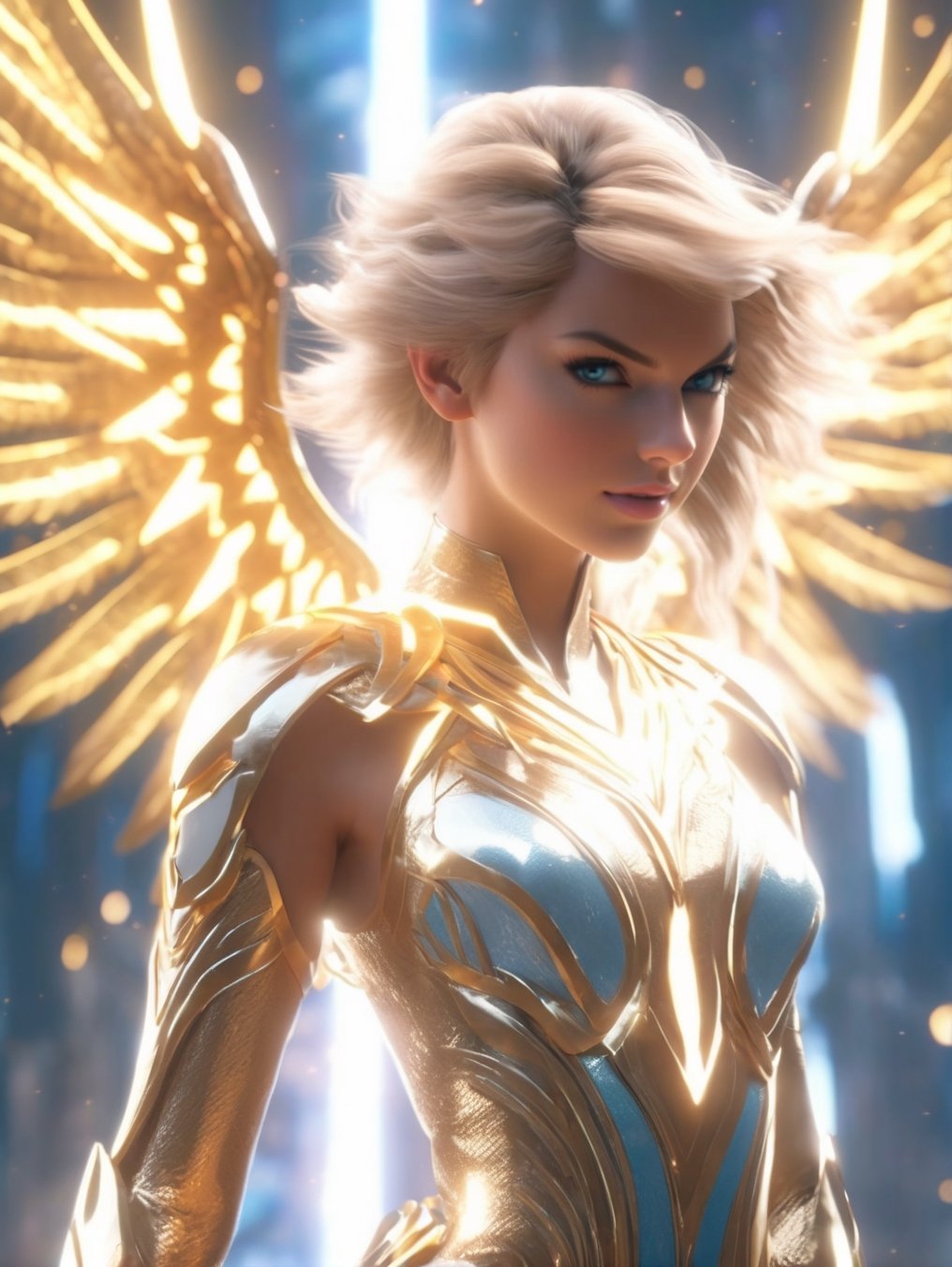 an image of an angel in the sky, unreal engine render + a goddess, taylor swift as a heavenly angel, unreal engine render saint seiya, goddess of light, elven angel meditating in space, infinite angelic wings, tron angel, wings made of light, angelic wings on her back, square enix cinematic art, tall female angel, emma watson as an angel