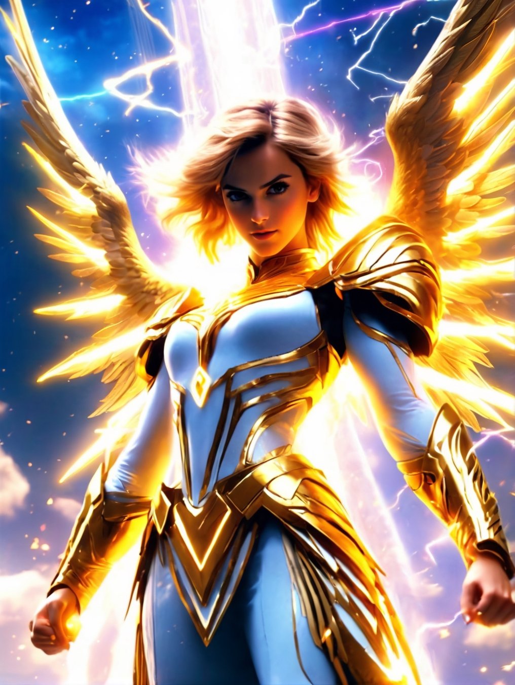 an image of an angel in the sky, unreal engine render + a goddess, taylor swift as a heavenly angel, unreal engine render saint seiya, goddess of light, elven angel meditating in space, infinite angelic wings, tron angel, wings made of light, angelic wings on her back, square enix cinematic art, tall female angel, emma watson as an angelwith thop thunderbolt hammer, lightning ⚡ hammer,