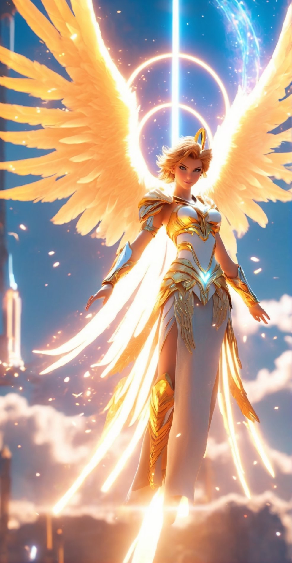 an image of an angel in the sky, unreal engine render + a goddess, taylor swift as a heavenly angel, unreal engine render saint seiya, goddess of light, elven angel meditating in space, infinite angelic wings, tron angel, wings made of light, angelic wings on her back, square enix cinematic art, tall female angel, emma watson as an angel,Kratos 