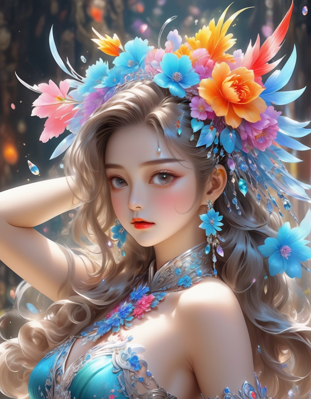 A portrait of a girl in attire and adorned with crystals and flowers, dynamic pose,  anime aesthetic,  realistic color schemes,  uhd image,  colorful caricature, ,beautymix,cutegirlmix