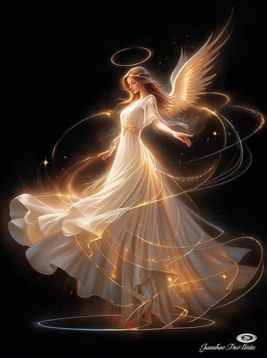 a woman in a white dress is dancing, by Anne Stokes, biblically acurate angel, tron angel, angelic light, angels in white gauze dresses, angel spirit guide, of an beautiful angel girl, flying angels, infinite angelic wings, angelic wings, tall female angel, by Nele Zirnite, wings made of light, angel, very beautiful fantasy art