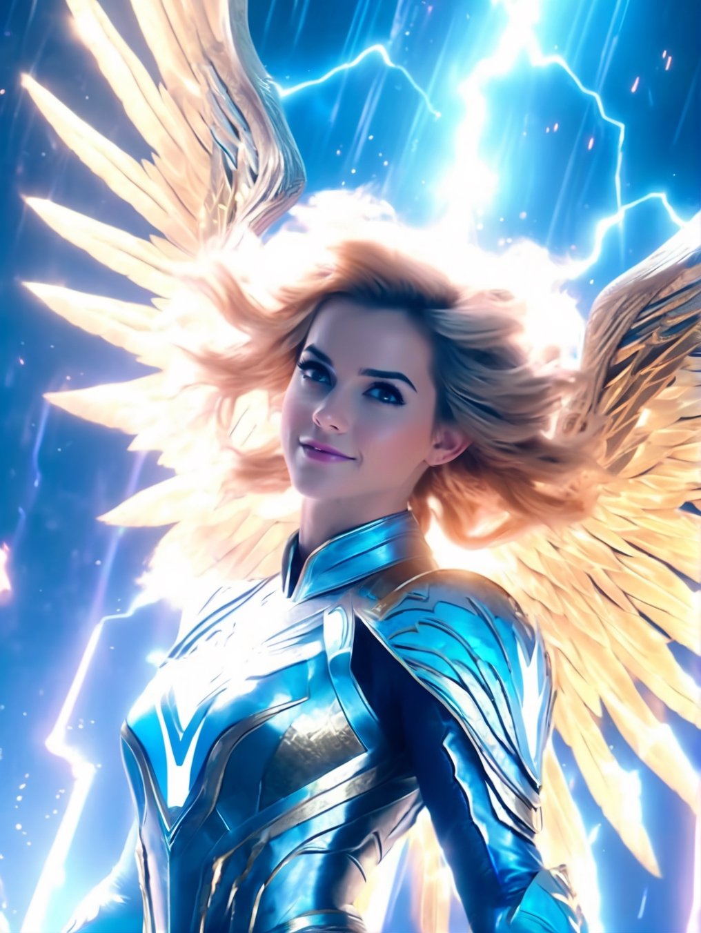 an image of an angel in the sky, unreal engine render + a goddess, taylor swift as a heavenly angel, unreal engine render saint seiya, goddess of light, elven angel meditating in space, infinite angelic wings, tron angel, wings made of light, angelic wings on her back, square enix cinematic art, tall female angel, emma watson as an angelwith thop thunderbolt hammer, lightning ⚡ hammer, 