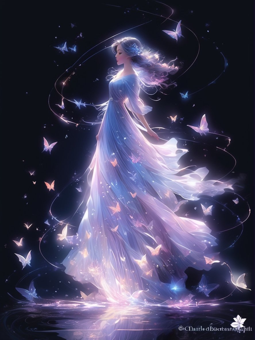 a woman in a long dress surrounded by butterflies, beautiful gorgeous digital art, gorgeous digital art, stunning 3d render of a fairy, exquisite digital art, softly swirling magical energy, beautiful digital artwork, pinterest anime, very beautiful digital art, beautiful digital art, glowing butterflies, stunning digital art, by Charlie Bowater, aura of magic around her, harmony of butterfly