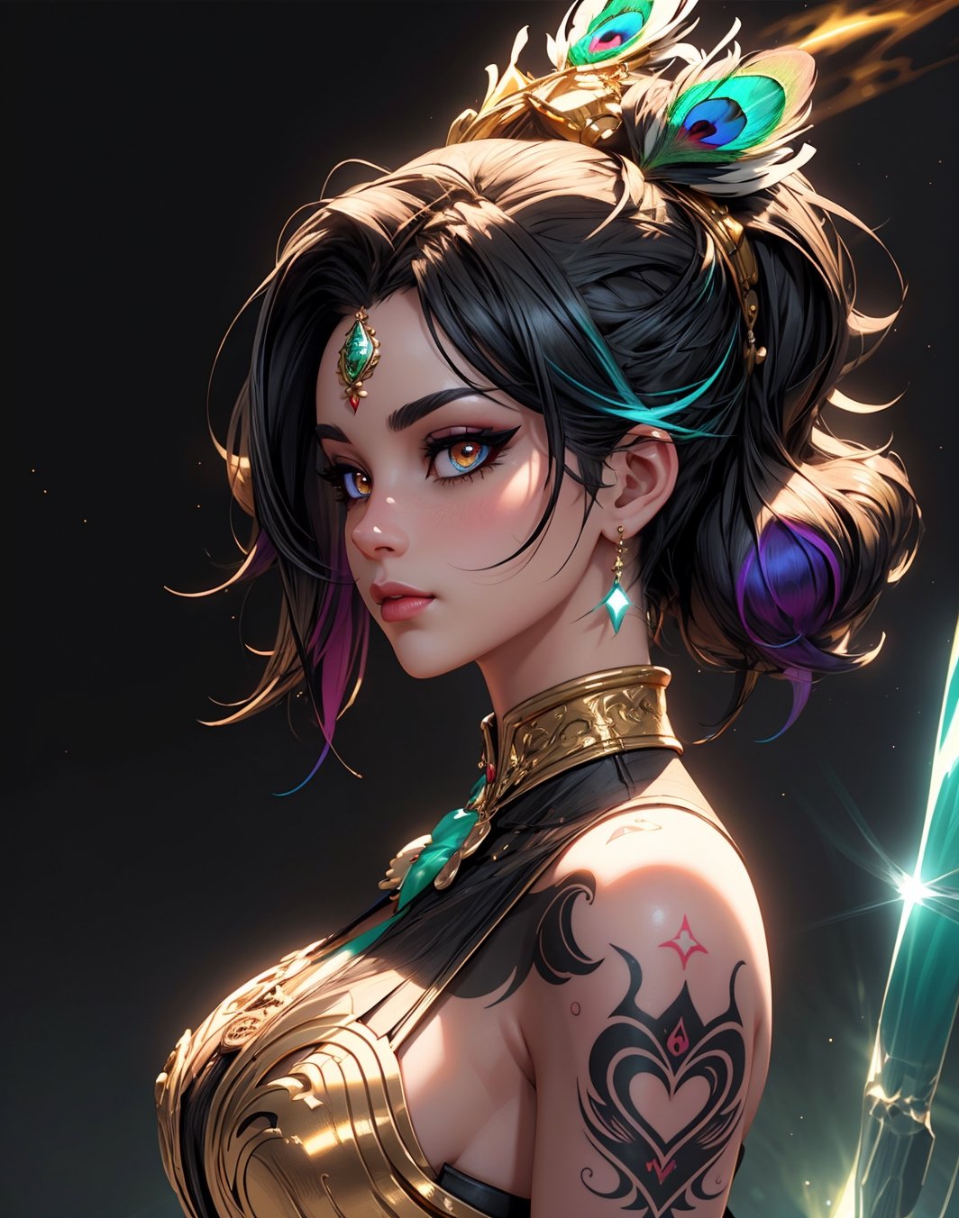 ultrarealistic digital image of a very beautiful attractive peacock goddess, tattooed, with colorful vibrant peacock feathers on her head, shiny, covered with tiny golden strings, curved body, waiting in ambush, intricate details, boss attitude, various angle, jade eyes, can’t believe how beautiful this is, photorealistic style, heavy shading, hyperrealism, high contrast, photorealistic, 8k, unreal engine, 3d render --ar 4:5 , charming face, soft aura, cosmic blust,