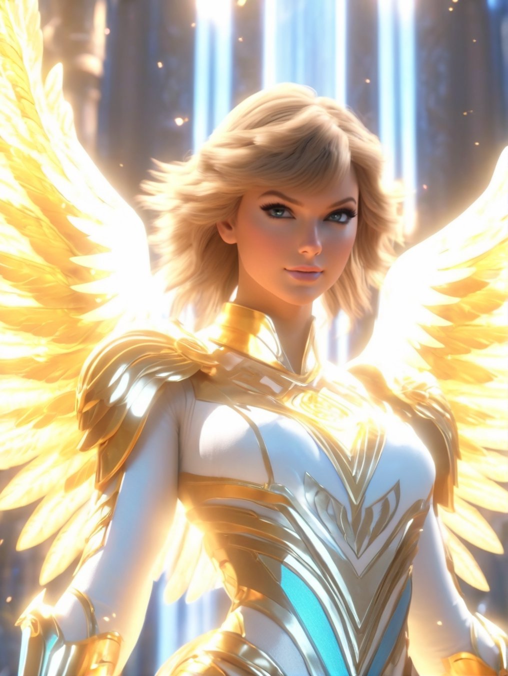 an image of an angel in the sky, unreal engine render + a goddess, taylor swift as a heavenly angel, unreal engine render saint seiya, goddess of light, elven angel meditating in space, infinite angelic wings, tron angel, wings made of light, angelic wings on her back, square enix cinematic art, tall female angel, emma watson as an angel