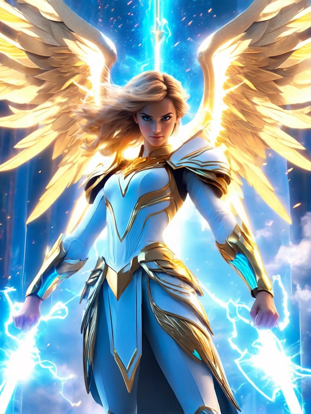 an image of an angel in the sky, unreal engine render + a goddess, taylor swift as a heavenly angel, unreal engine render saint seiya, goddess of light, elven angel meditating in space, infinite angelic wings, tron angel, wings made of light, angelic wings on her back, square enix cinematic art, tall female angel, emma watson as an angelwith thop thunderbolt hammer, lightning ⚡ hammer,  red 