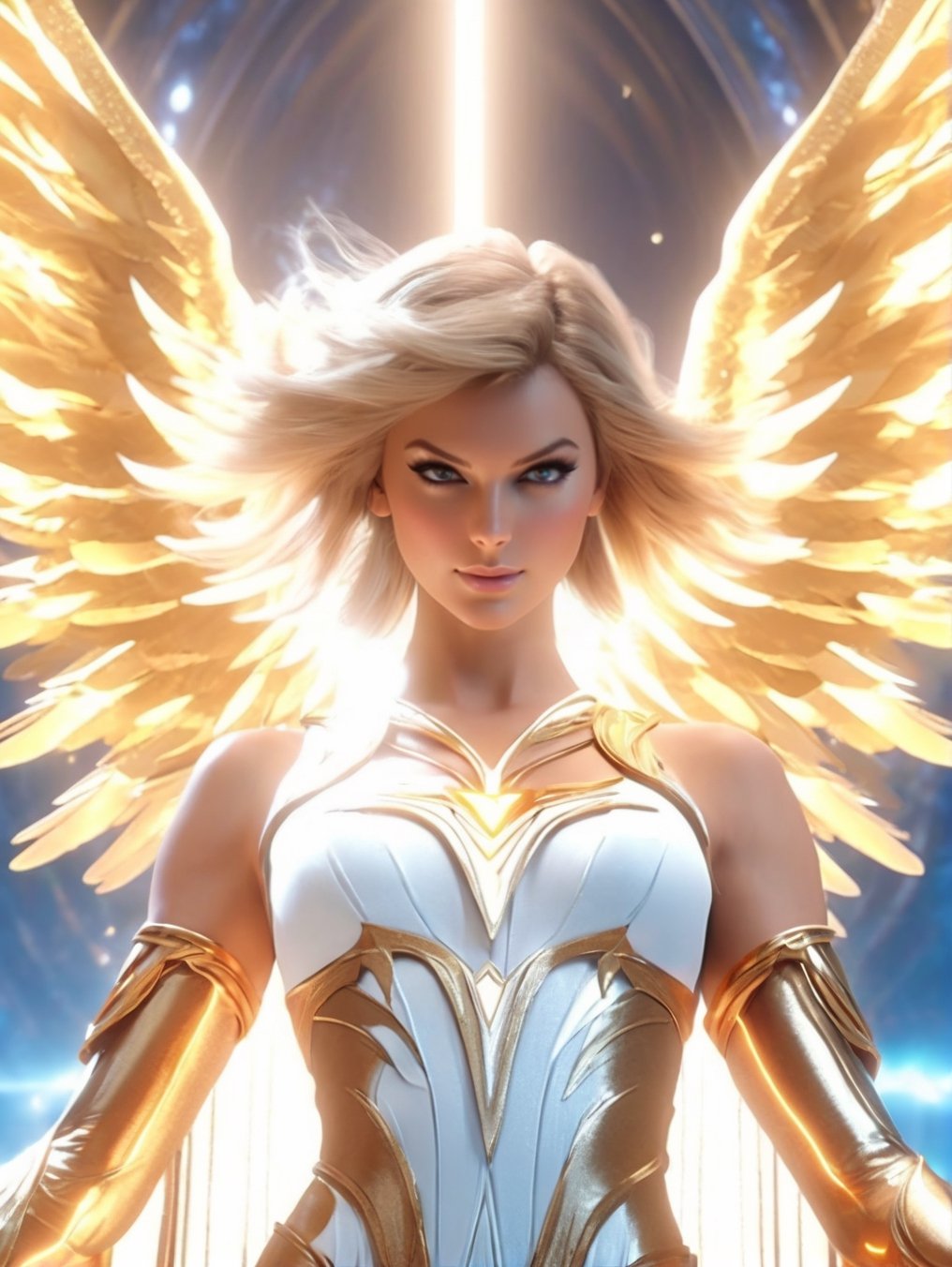 an image of an angel in the sky, unreal engine render + a goddess, taylor swift as a heavenly angel, unreal engine render saint seiya, goddess of light, elven angel meditating in space, infinite angelic wings, tron angel, wings made of light, angelic wings on her back, square enix cinematic art, tall female angel, emma watson as an angel