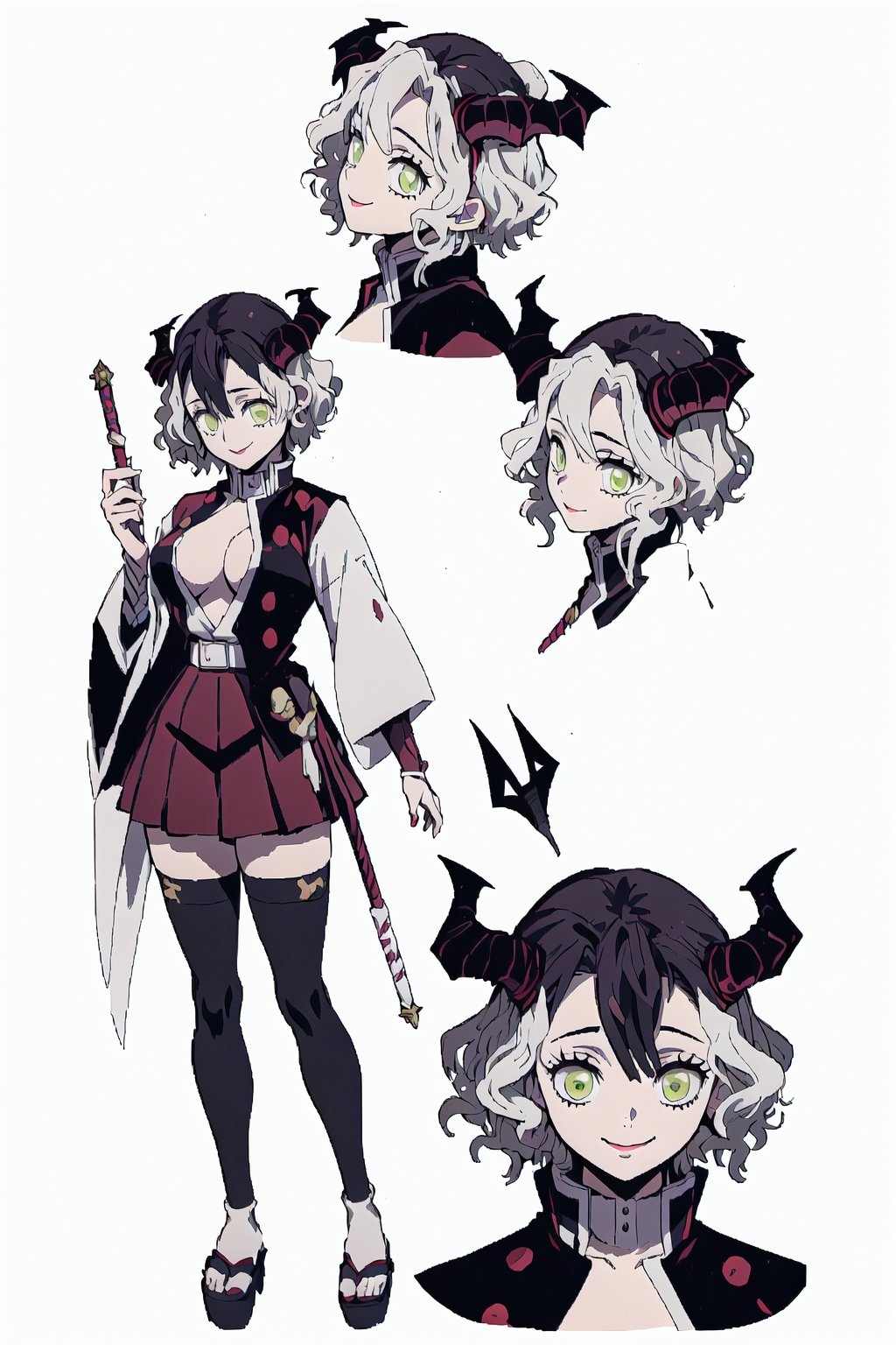 beautiful, masterpiece, best quality, extremely detailed face, short hair, demon slayer, brown skin, black headband, chest exposed, demon slayer uniform, kimetsu no yaiba ,white hair, wand, (CharacterSheet:1), (multiple views, full body, upper body, reference sheet:1), back view, front view, (white background, simple background:1.2), large breasts, sexy pose, seductive smile,Mitsuri Kanroji