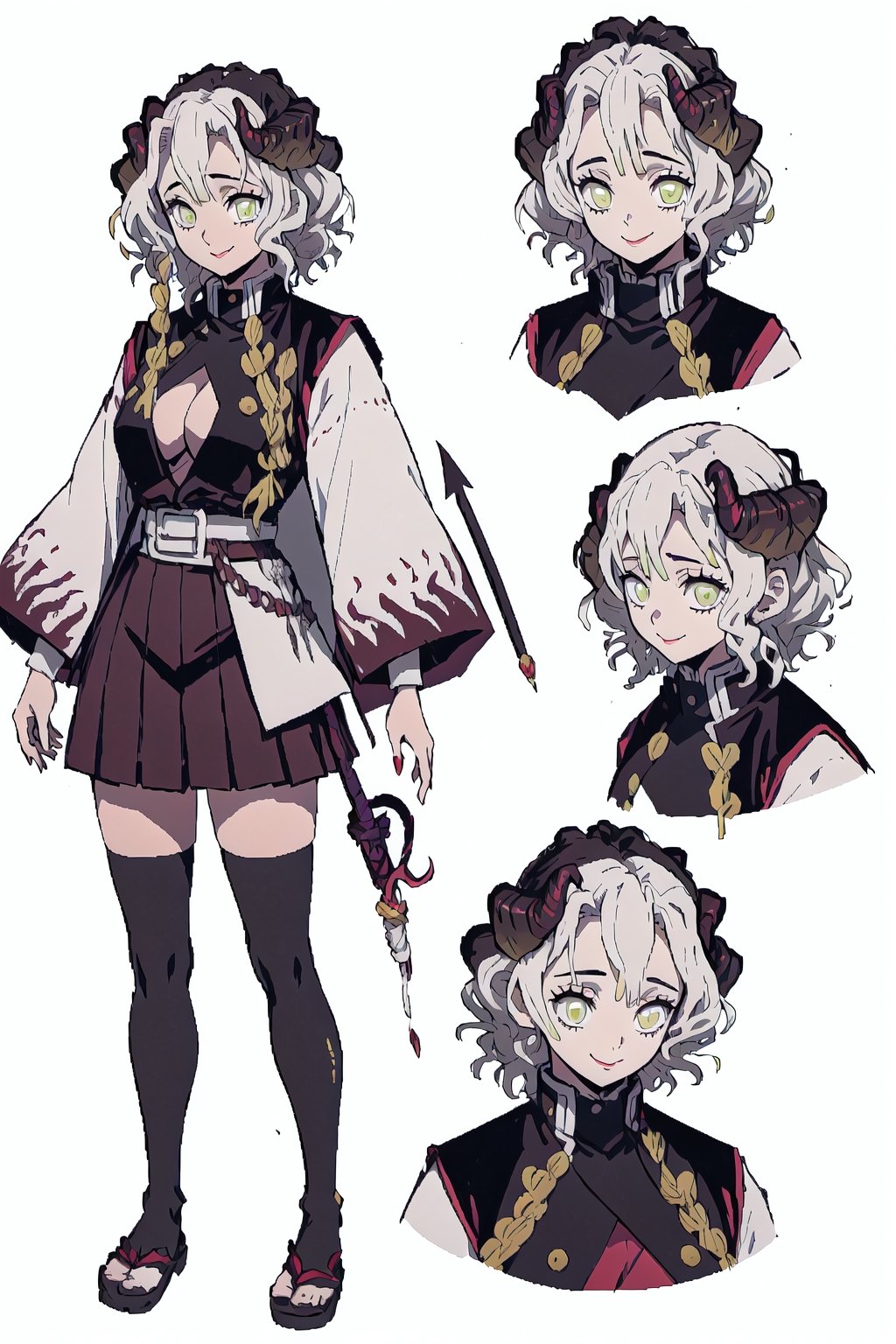 beautiful, masterpiece, best quality, extremely detailed face, short hair, demon slayer, brown skin, black headband, chest exposed, demon slayer uniform, kimetsu no yaiba ,white hair, wand, (CharacterSheet:1), (multiple views, full body, upper body, reference sheet:1), back view, front view, (white background, simple background:1.2), large breasts, sexy pose, seductive smile,Mitsuri Kanroji