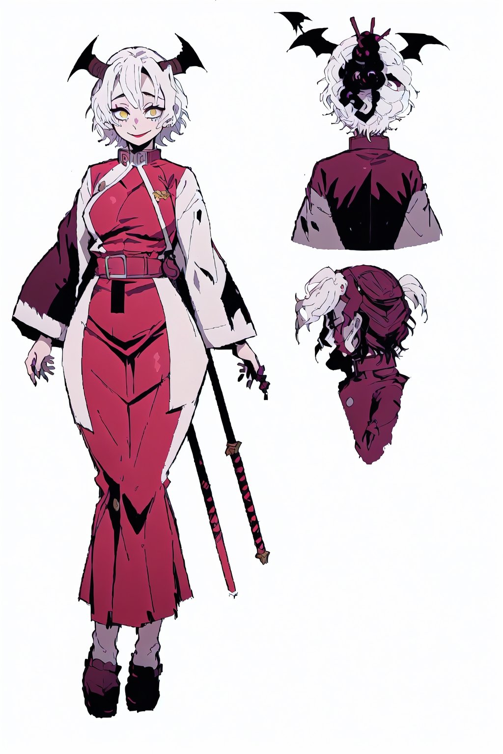 beautiful, masterpiece, best quality, extremely detailed face, short hair, demon slayer, brown skin, black headband, chest exposed, demon slayer uniform, kimetsu no yaiba ,white hair, wand, (CharacterSheet:1), (multiple views, full body, upper body, reference sheet:1), back view, front view, (white background, simple background:1.2), large breasts, sexy pose, seductive smile,Mitsuri Kanroji