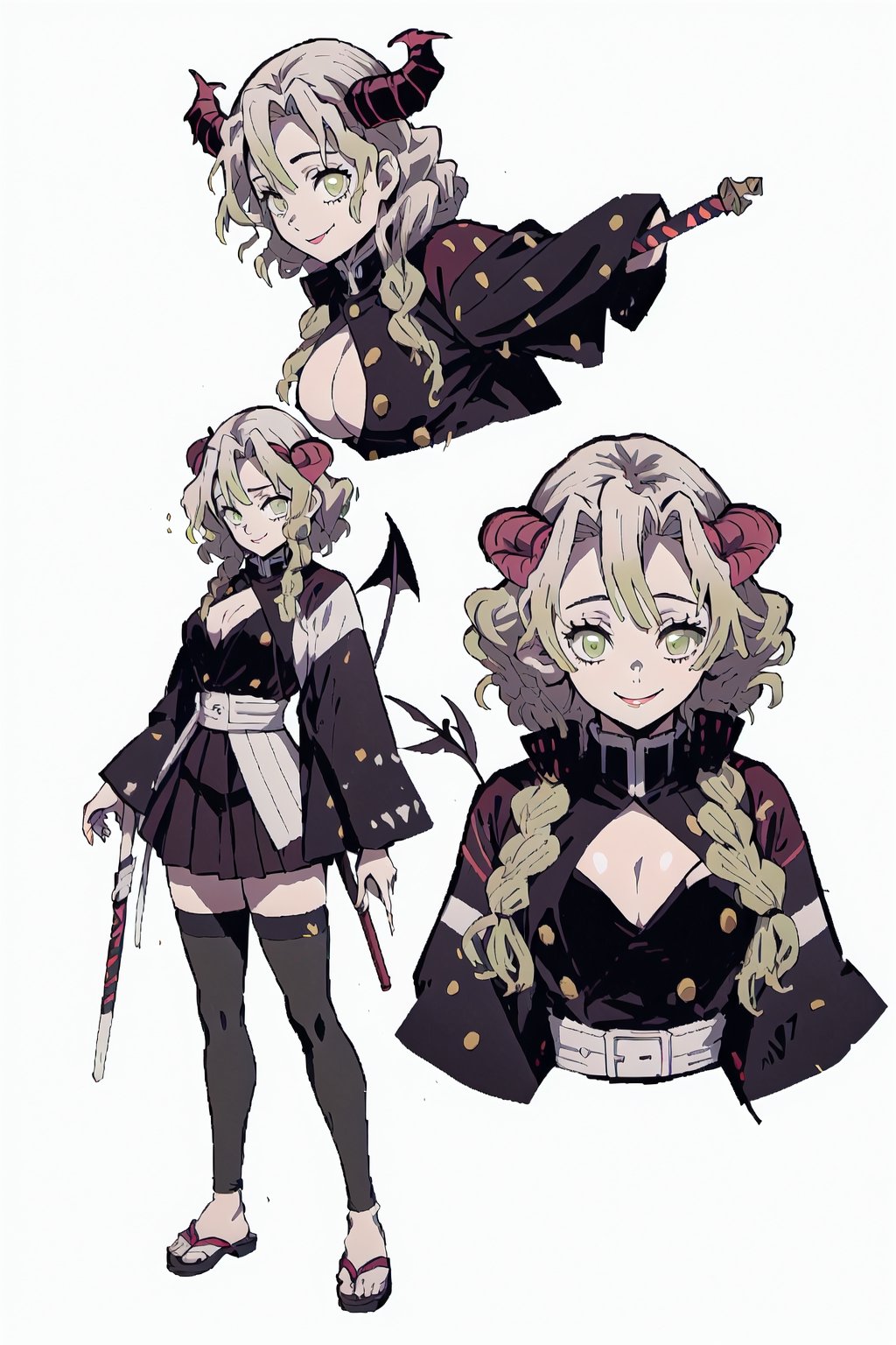 beautiful, masterpiece, best quality, extremely detailed face, short hair, demon slayer, brown skin, black headband, chest exposed, demon slayer uniform, kimetsu no yaiba ,white hair, wand, (CharacterSheet:1), (multiple views, full body, upper body, reference sheet:1), back view, front view, (white background, simple background:1.2), large breasts, sexy pose, seductive smile,Mitsuri Kanroji