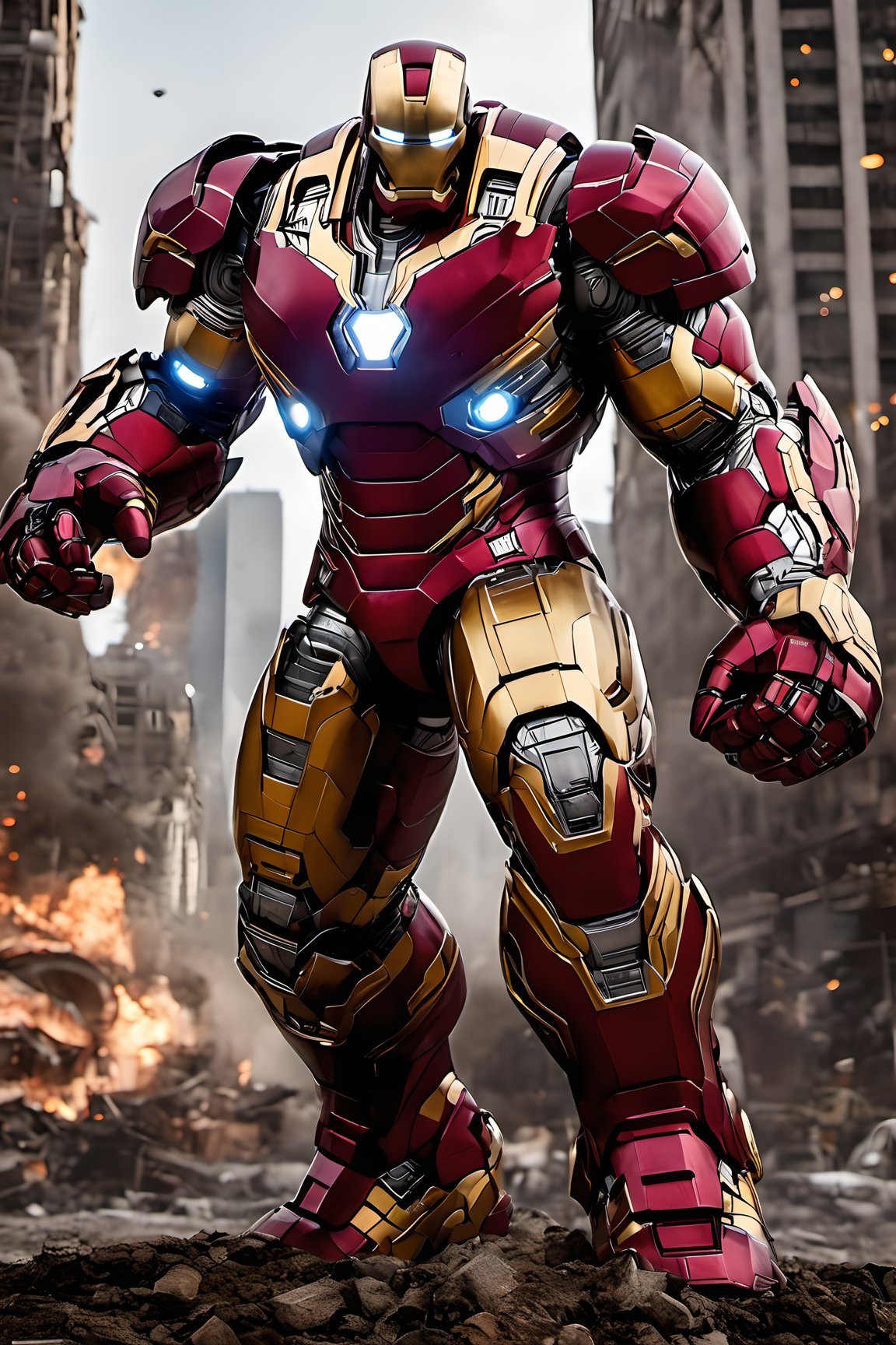 ironman,  hulkbuster , high_resolution, Thanos Big ring hand, Thor Hammer,high detail, realistic, ultra real, city, destroyed 
buldings, fire