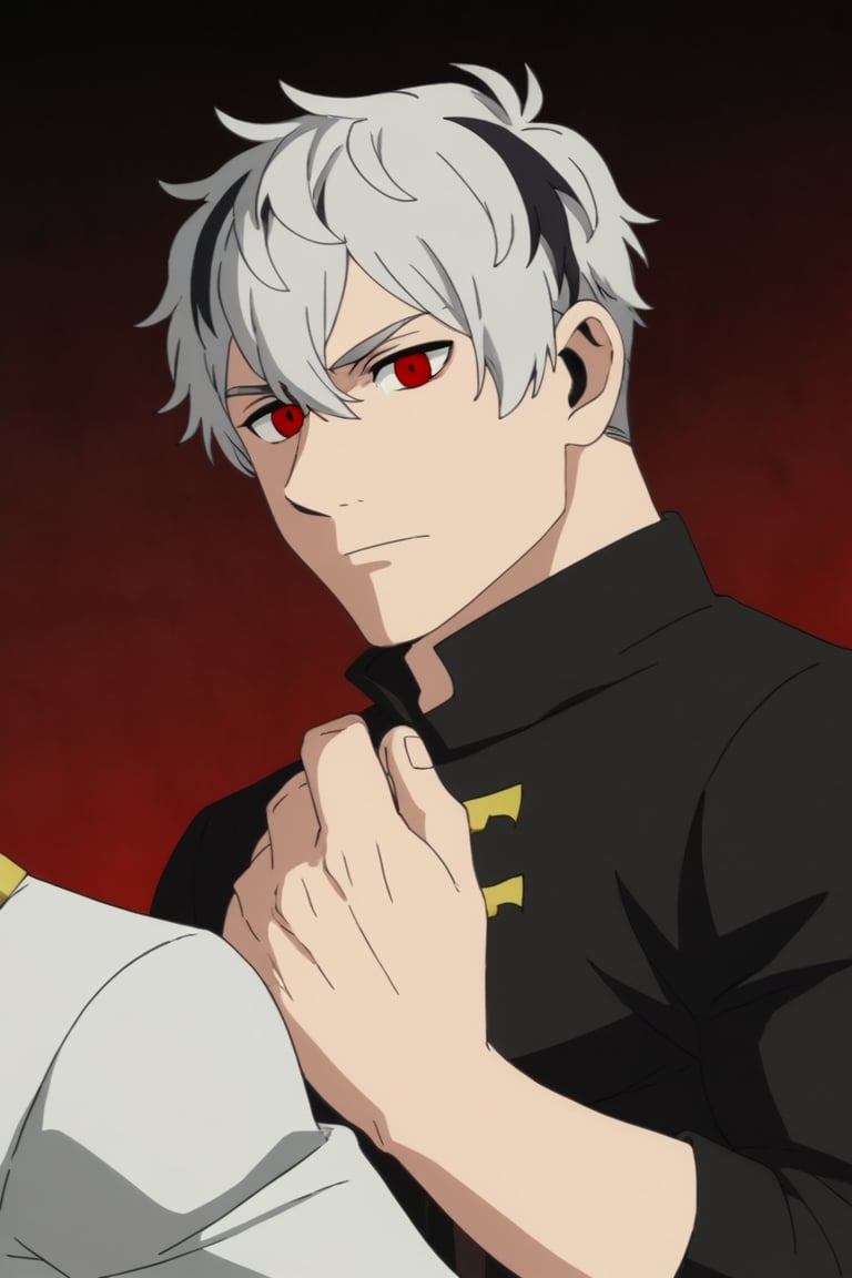 1boy, vampire prince, handsome, stoic expression, red eyes, silver hair, black streak of hair, black clothes