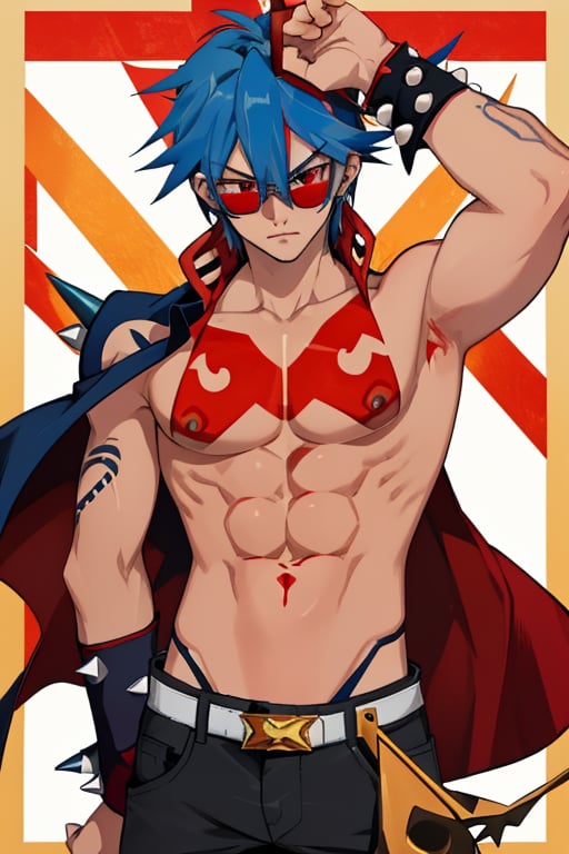 score_9, score_8_up, score_7_up, source_anime, BREAK, 1guy, Kamina from Gurren Lagann, ( Kamina is tall and well built, and prides himself on being manly and tough. He has short, blue, spiky hair and is frequently seen wearing his trademark red sunglasses that cover his red eyes. His skin is tan, and he has blue-ish tattoos along both of his arms which extend to his shoulders and his upper back.)