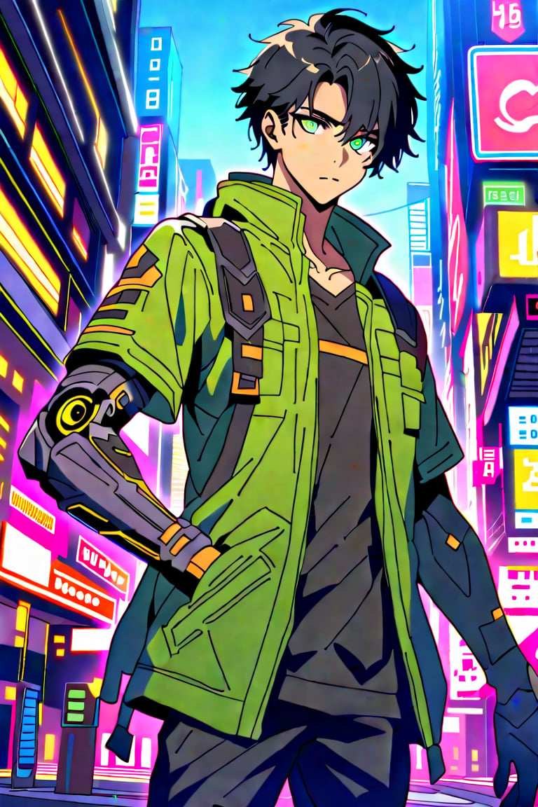 Masterpiece, beautiful, Incredibly detailed, 1guy, Detailed Eyes, anime eyes, Better Hands, perfect fingers, cowboy shot, full body, (In a Korea post-cyberpunk city, there is a young and handsome man with short black hair and green eyes. He wears loose green clothes that have a circuitry pattern on them. His clothes have some black highlights and detailing. He has a lense fitted over his left eye. He has a mechanical left arm.) Highly Detailed Background, Full Hd, 4K,Cyberpunk_Anime