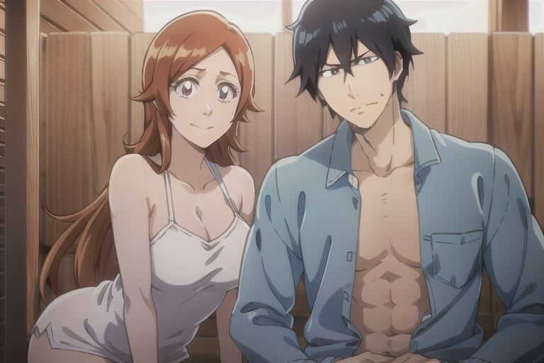 Ichigo Kurosaki and Orihime Inoue are both wearing towels in a sauna.  Best quality, high quality, 1boy and 1girl