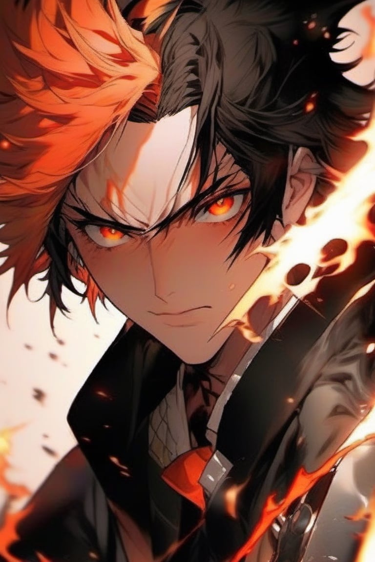 male, pyromancer, black hair with red streaks, orange eyes, hair over one eye, black sword, smirking expression, fierce, detailed, high resolution, bold, korean Manhwa art style by Choo Hye Yeon,Beautiful Eyes