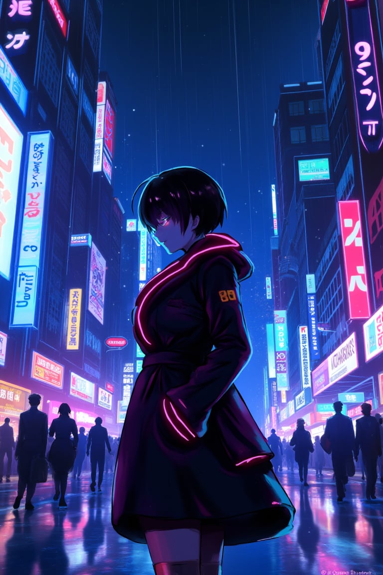 neon_glow, anime style of a woman in a neon-trimmed trench coat, standing still in a futuristic city plaza. Her piercing eyes glow as neon-clad pedestrians rush past her, the electric energy of the towering buildings lighting up the scene.  There's a light rainshower.