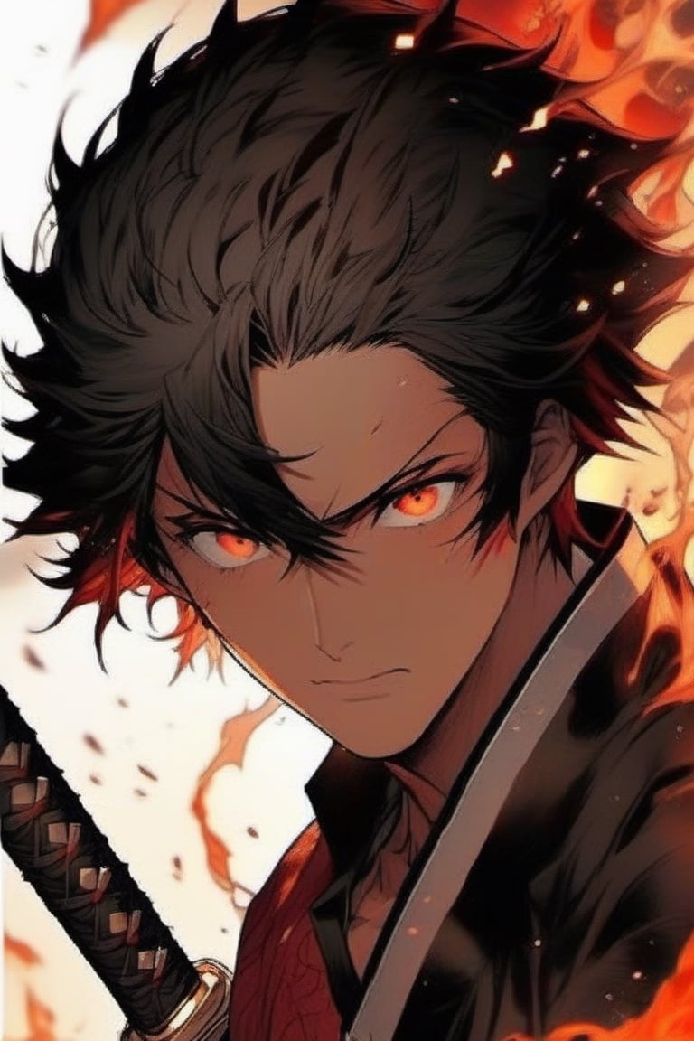 male, pyromancer, black hair with red streaks, orange eyes, hair over one eye, black sword, smirking expression, fierce, detailed, high resolution, bold, korean Manhwa art style by Choo Hye Yeon,Beautiful Eyes