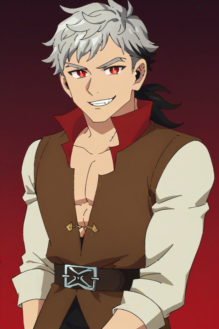 1boy, vampire, handsome, stoic expression, red eyes, silver hair, black streak of hair, pirate clothing, (A male vampire pirate drawn in the art style of Dungeon Meshi.  He has a confident smirk on his face)