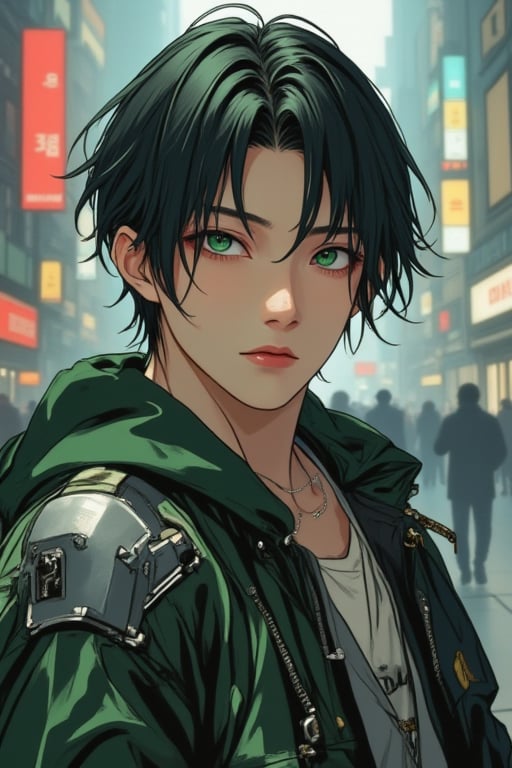 Masterpiece, beautiful, Incredibly detailed, 1guy, Detailed Eyes, anime eyes, Better Hands, perfect fingers, (In a Korea post-cyberpunk city, there is a young and handsome man with short black hair and green eyes, with the left eye being mechanical. He wears green clothes that have a circuitry pattern on them. His prosthetic left arm is mechanical) Highly Detailed Background, Full Hd