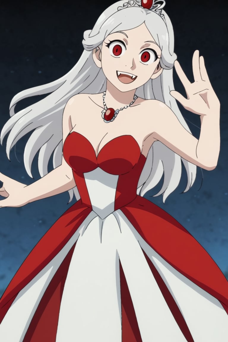 1girl, vampire princess, red eyes, silver hair, fancy dress, excited smile, dancing