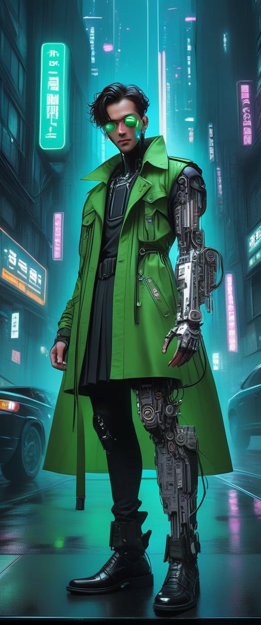 Masterpiece, beautiful, Incredibly detailed, 1guy, Detailed Eyes, anime eyes, Better Hands, perfect fingers, (In a Korea post-cyberpunk city, there is a young and handsome man with short black hair and green eyes, with the left eye being mechanical. He wears green clothes that have a circuitry pattern on them. His prosthetic left arm is mechanical) Highly Detailed Background, Full Hd, 4K

,neon photography style,ct-jeniiii,noir