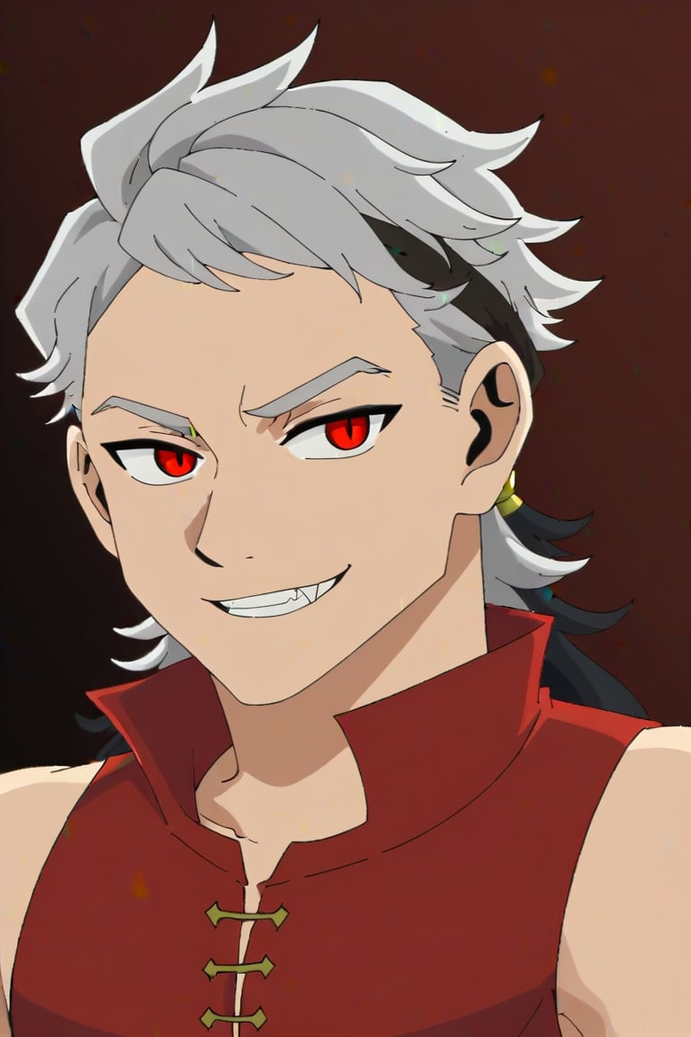 1boy, vampire, handsome, stoic expression, red eyes, silver hair, black streak of hair, pirate clothing, (A male vampire pirate drawn in the art style of Dungeon Meshi.  He has a confident smirk on his face)