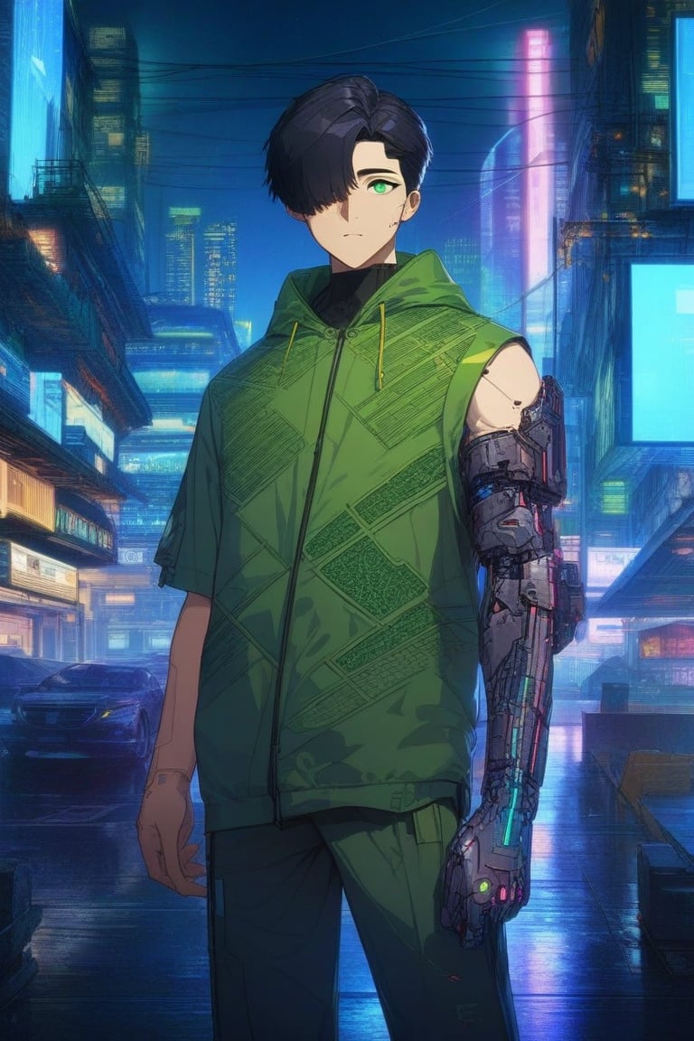 Masterpiece, beautiful, Incredibly detailed, 1guy, Detailed Eyes, anime eyes, Better Hands, perfect fingers, cowboy shot, full body, (In a Korea post-cyberpunk city, there is a young and handsome man with short black hair and green eyes. He wears loose green clothes that have a circuitry pattern on them. His clothes have some black highlights and detailing. He has a lense fitted over his left eye. He has a mechanical left arm.) Highly Detailed Background, Full Hd, 4K,Cyberpunk_Anime