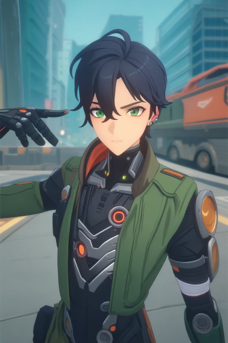 Masterpiece, beautiful, Incredibly detailed, 1guy, Detailed Eyes, anime eyes, Better Hands, perfect fingers, cyborg, upper body, cowboy shot, (In a Korea post-cyberpunk city, there is a young and handsome man with short black hair and green eyes. He has a green lense over the left eye. He wears green clothes that have a circuitry pattern on them. He has a prosthetic left arm that is mechanical. The prosthetic left arm is mostly metallic with black and green accents.) Highly Detailed Background, Full Hd, 4K,ZZZ_Style, cyborg style, cyborg concept