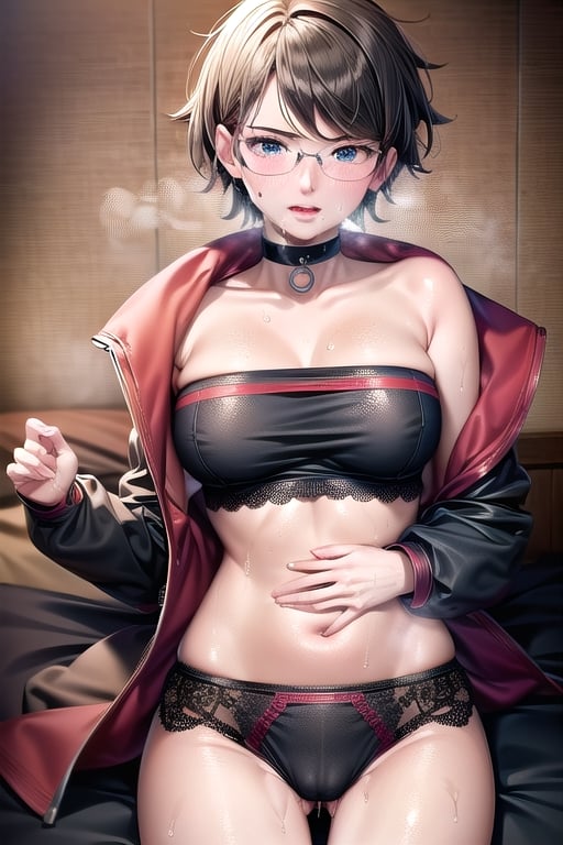 Realistic, (((Photorealistic))), beautiful girl (((masterpiece))), (((hd shot))), absurdres, (((intricate details))), (colorful),((cinematic lighting)),bust shot,(((extremely detailed CG unity 8k wallpaper))),1girl, short hair, sarada uchiha, glasses, bed, bed_sheets, flowing hair, sexy body, ((exposed stomach)),(((sweat_drops))), (((steaming_body))), red and black jacket, (red and black topwear), strapless, sigh, (((glistening_body))), collar, milf body, hand_on_hips, eye_contact, (((camel_toe))),  lying_down