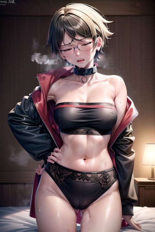 Realistic, (((Photorealistic))), beautiful girl (((masterpiece))), (((hd shot))), absurdres, (((intricate details))), (colorful),((cinematic lighting)),bust shot,(((extremely detailed CG unity 8k wallpaper))),1girl, short hair, sarada uchiha, glasses, bed, bed_sheets, flowing hair, sexy body, ((exposed stomach)),(((sweat_drops))), (((steaming_body))), red and black jacket, (red and black topwear), strapless, sigh, (((glistening_body))), collar, milf body, hand_on_hips, eye_contact, (((camel_toe))), closed eyes