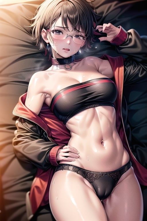 Realistic, (((Photorealistic))), beautiful girl (((masterpiece))), (((hd shot))), absurdres, (((intricate details))), (colorful),((cinematic lighting)),bust shot,(((extremely detailed CG unity 8k wallpaper))),1girl, short hair, sarada uchiha, glasses, bed, bed_sheets, flowing hair, sexy body, ((exposed stomach)),(((sweat_drops))), (((steaming_body))), red and black jacket, (red and black topwear), strapless, sigh, (((glistening_body))), collar, milf body, hand_on_hips, eye_contact, (((camel_toe))),  lying_down